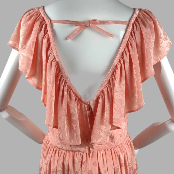 Vintage 1980s Shell Pink Tea Dress Floral Damask Ruffle Neckline Open Tie Back M - Picture 14 of 16